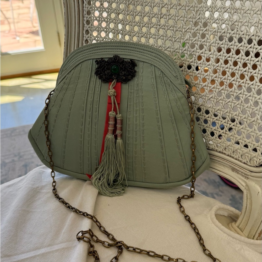 Sage Green Tassel Crossbody Bag with Antique Chain